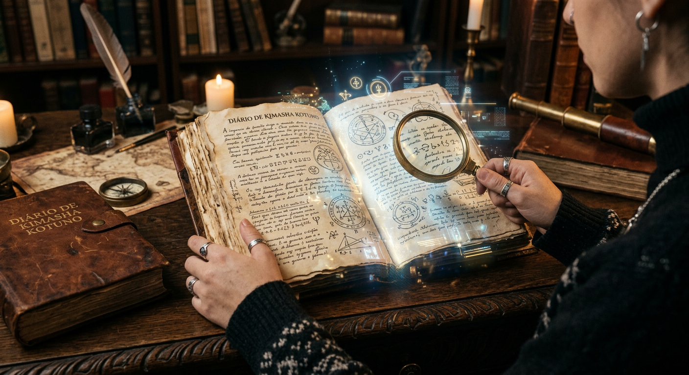 Um diário antigo e misterioso, intitulado 'Diário de Kimasha Kotuno', aberto com símbolos enigmáticos e uma luz mística, sugerindo estudo profundo e temas ocultos.
