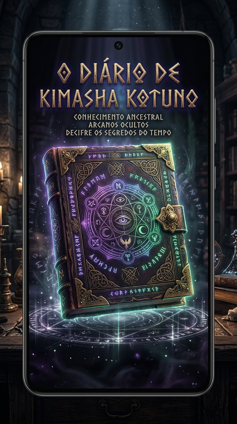 Capa digital do Diário de Kimasha Kotuno com símbolos misteriosos e uma atmosfera enigmática, sugerindo ocultismo e conhecimento antigo.