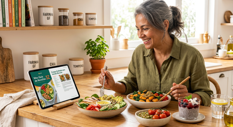 Mulher sorridente na cozinha com tablet exibindo 'Meu Guia de Receitas 3Z' e pratos variados sem açúcar, glúten e lactose.