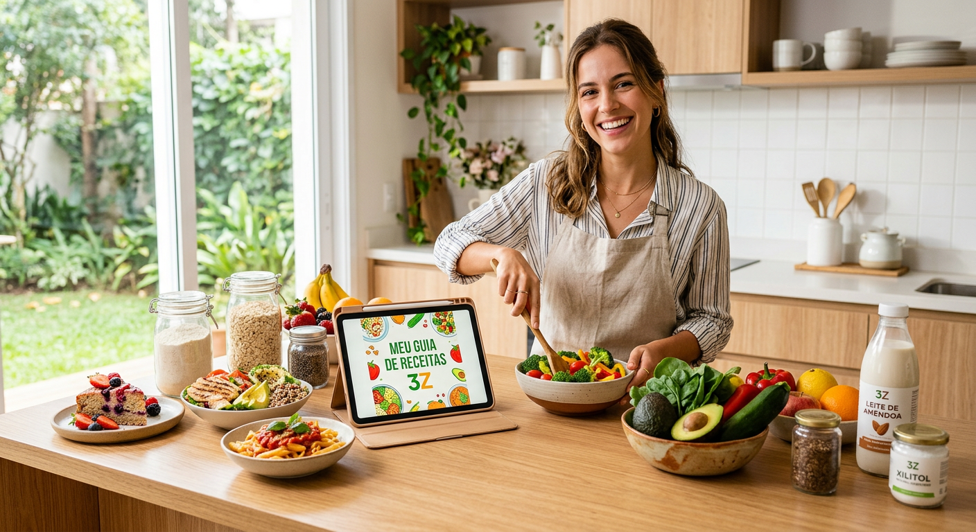 Pessoa feliz cozinhando em uma cozinha moderna, consultando o ebook 'Meu Guia de Receitas 3Z' em um tablet, com diversos pratos saborosos e ingredientes frescos sem açúcar, glúten e lactose na bancada.
