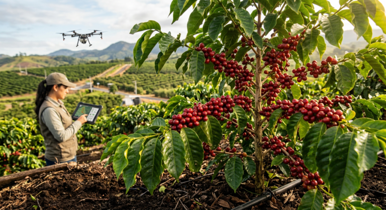 Ramo de café carregado com cerejas maduras em lavoura de alta produtividade, com agronomista usando tablet para análise de dados