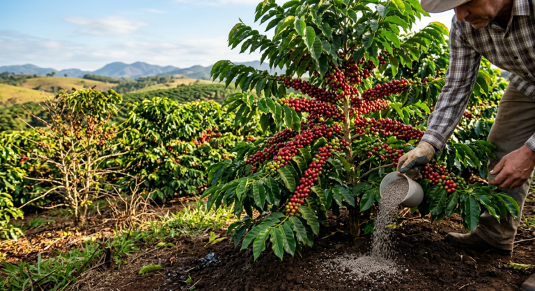 Mãos aplicando adubo granular em um pé de café robusto e cheio de grãos maduros, em uma lavoura de alta produtividade, contrastando com um trecho menos produtivo ao fundo.