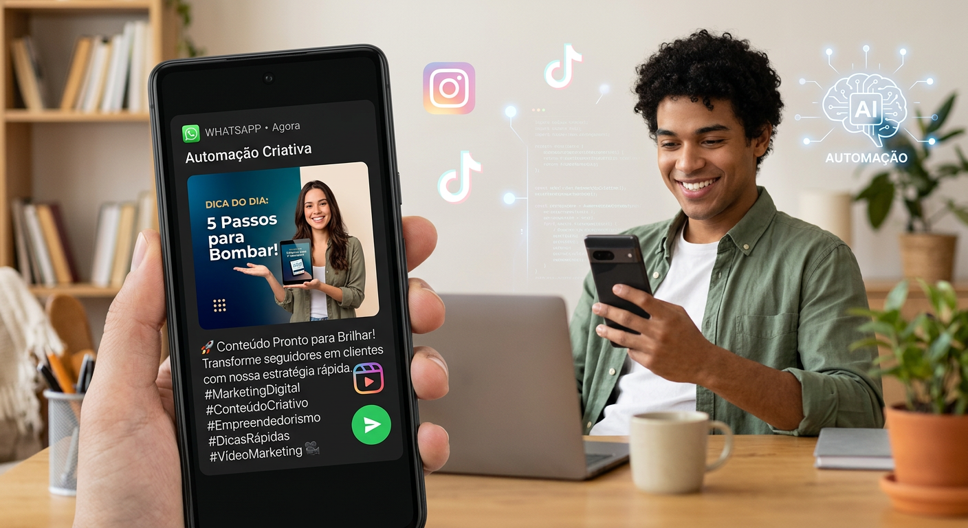 Smartphone exibindo conteúdo pronto do ZapPost via WhatsApp, com legenda e imagem, simbolizando a facilidade da automação para redes sociais.