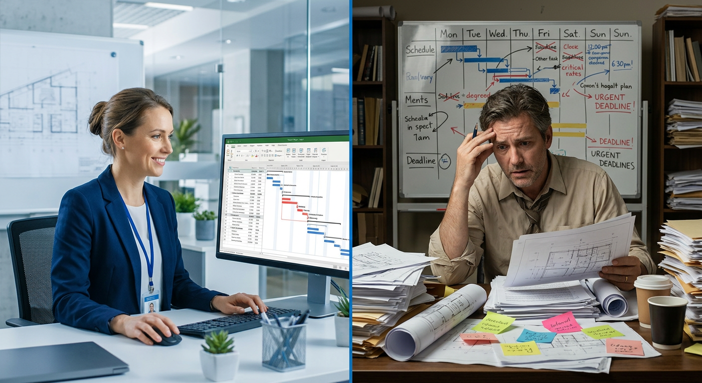 Comparação visual: um engenheiro usa MS Project para gerenciar um cronograma otimizado versus um gerente estressado com métodos tradicionais e papelada.
