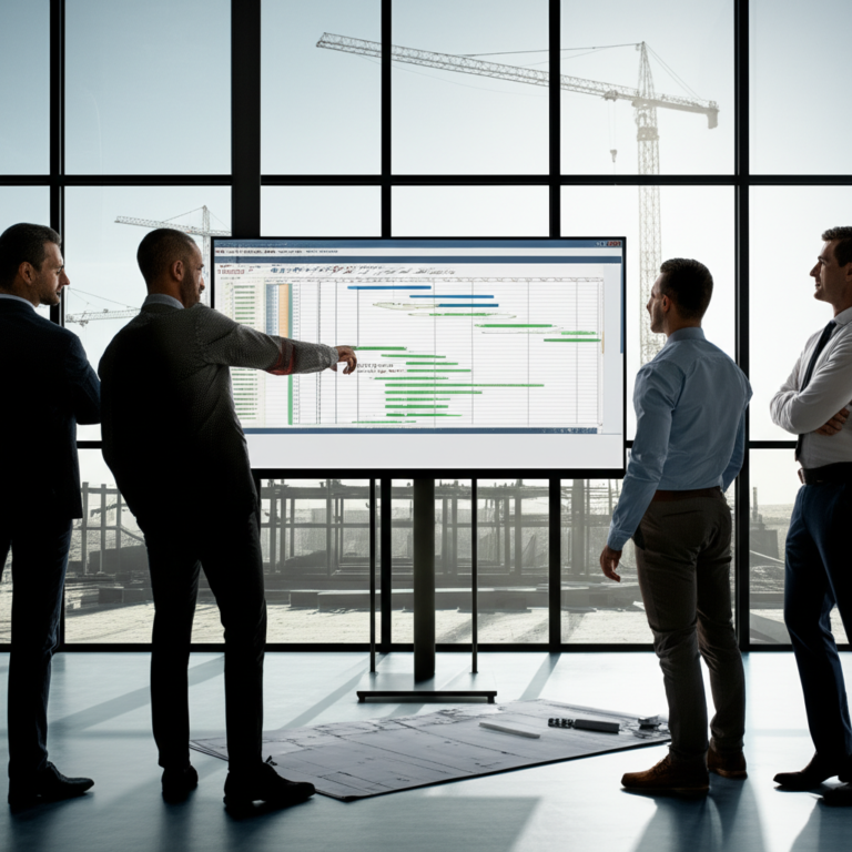 Engenheiros civis analisando o Microsoft Project Expert em um escritório com vista para um canteiro de obras.