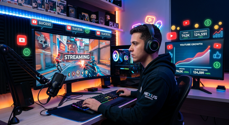 Jovem gamer concentrado em seu setup, com telas mostrando crescimento de canal do YouTube, visualizações e potencial de monetização.