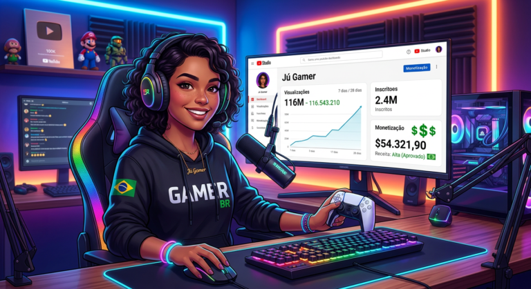 Gamer sorrindo em um setup high-tech, com monitor exibindo milhões de visualizações e sinais de monetização no YouTube.