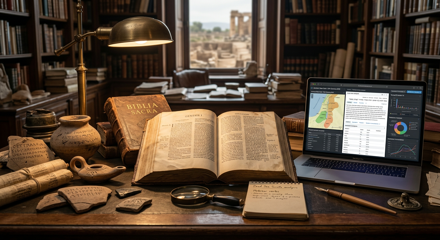 Cena de estudo acadêmico com Bíblia aberta, artefatos arqueológicos e tablet exibindo análise de IA, simbolizando o rigor da Bíblia Comentada Rodrigo Silva.