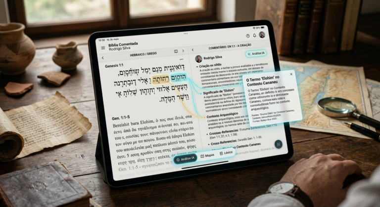 Interface do aplicativo 'Bíblia Comentada Rodrigo Silva' em um tablet, com textos bíblicos e comentários acadêmicos, cercado por elementos arqueológicos e toque de IA.
