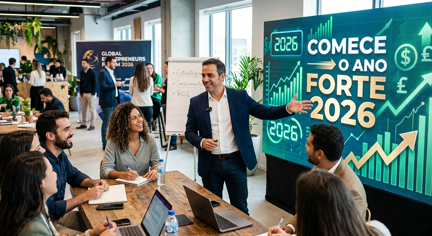 Victor Damásio e empreendedores em mentoria intensiva do COMECE O ANO FORTE 2026, focando em faturamento rápido.