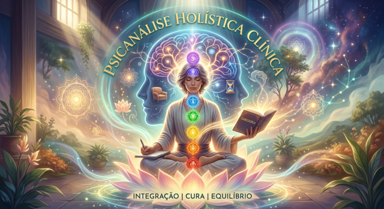 Imagem conceitual de Psicanálise Holística, combinando símbolos da mente, chakras e um livro aberto, com luz suave e elementos de crescimento pessoal.