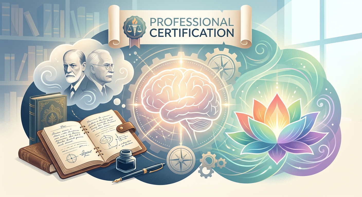 Ilustração conceitual da Psicanálise Holística Clínica, combinando símbolos da mente, chakras, livros e um certificado, representando a formação completa e o equilíbrio entre abordagens clássicas e espirituais.