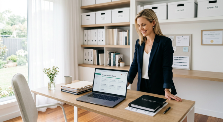 Imagem de uma personal organizer profissional sorrindo, em um escritório doméstico perfeitamente organizado, com um laptop exibindo um curso online de formação. A cena transmite organização e aprendizado prático.