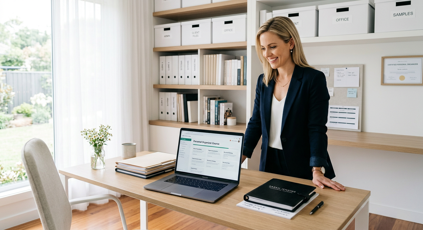 Imagem de uma personal organizer profissional sorrindo, em um escritório doméstico perfeitamente organizado, com um laptop exibindo um curso online de formação. A cena transmite organização e aprendizado prático.
