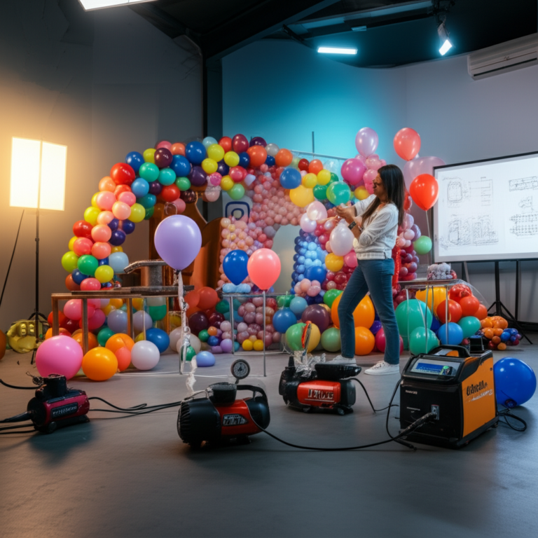 Workshop de cenografia de balões da Universidade Cenário Balões 2.0 com balões premium, equipamentos profissionais e cenário de festa instagramável.