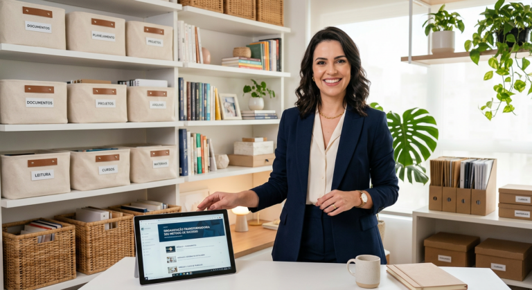 Personal Organizer profissional ensinando seu método de organização em um ambiente doméstico organizado, com laptop mostrando o curso Personal Organizer 3.0.