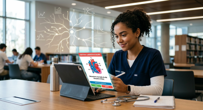 Estudante de medicina usando a plataforma Medcards Combo Elite em tablet para estudo com flashcards e repetição espaçada, otimizando a memorização.