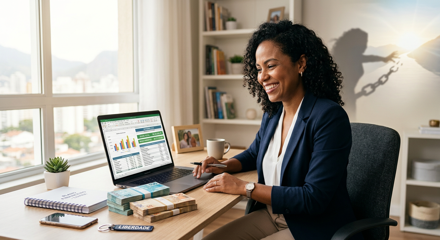 Pessoa feliz e organizada financeiramente, demonstrando controle sobre o dinheiro e a superação de dívidas.