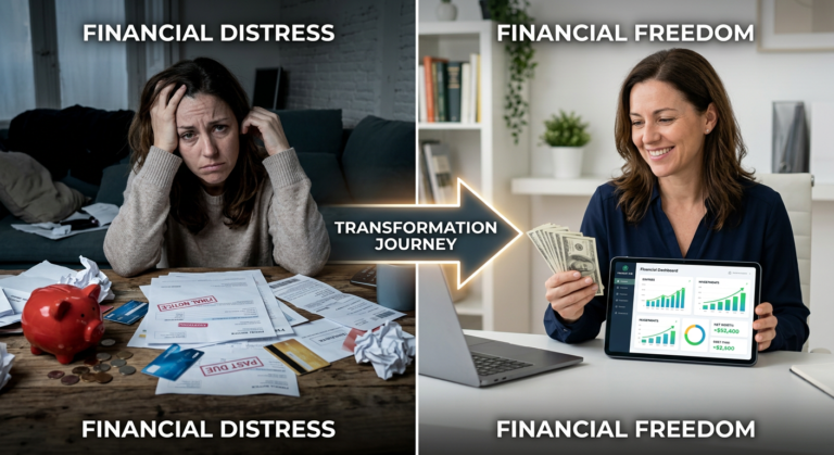 Imagem de transição financeira: pessoa estressada por dívidas e desorganização à esquerda, e a mesma pessoa sorrindo com finanças organizadas e controle de dinheiro em um tablet à direita, representando o método 'Viva Sempre com Dinheiro'.