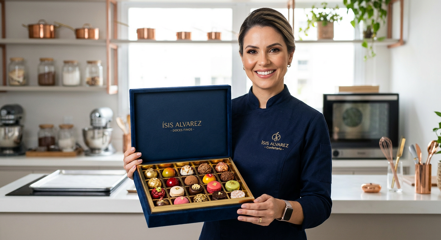 Chef Ísis Alvarez, especialista em confeitaria, sorrindo e mostrando uma caixa de doces finos e coloridos, prontos para presentear.