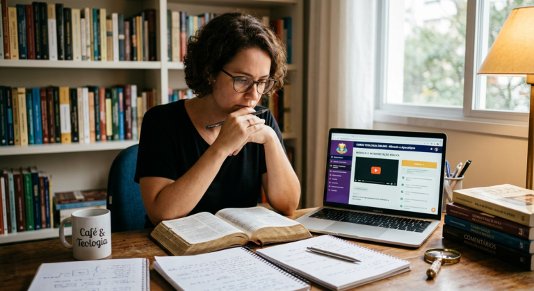 Pessoa estudando a Bíblia física e um curso de teologia online em laptop, com anotações e lupa simbólica, indicando análise crítica e busca por profundidade.