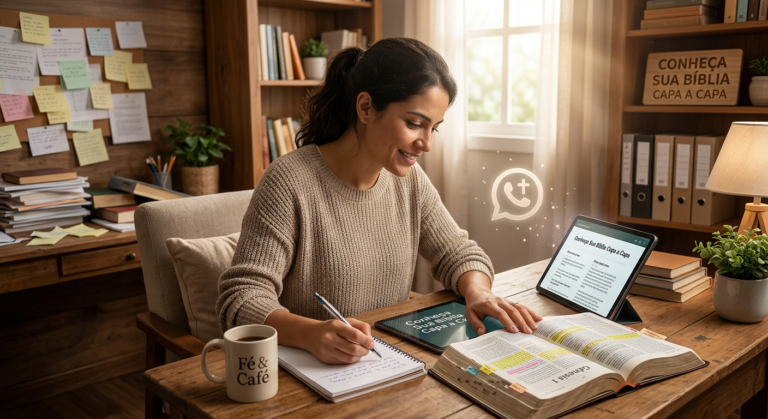 Pessoa estudando a Bíblia em tablet com Bíblia física aberta, simbolizando clareza e suporte do curso 'Conheça Sua Bíblia Capa a Capa' que resolve a fragmentação do conhecimento.