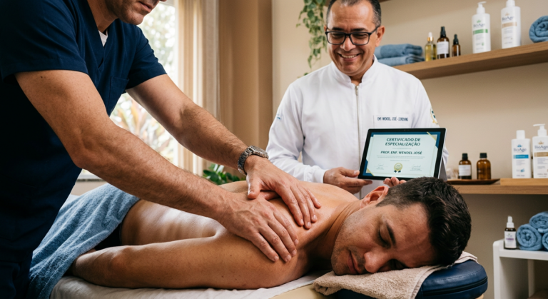 Mãos de massoterapeuta aplicando técnica anti-dor em paciente, com Prof. Enf. Wendel José e certificado digital de curso online ao fundo.