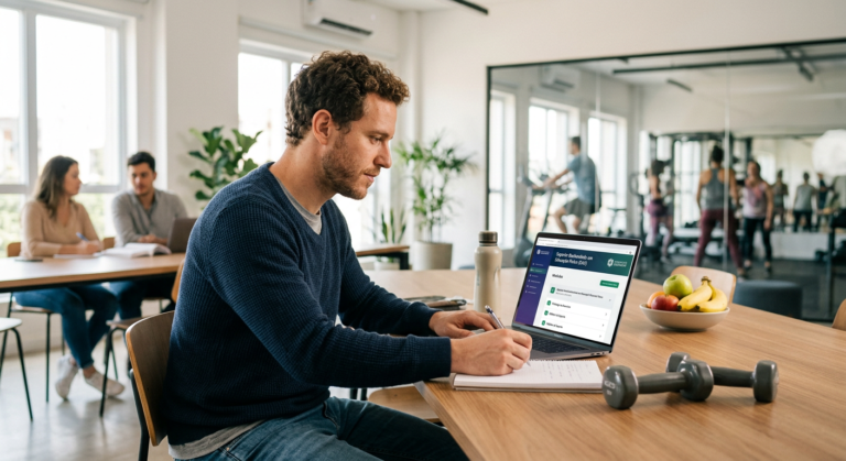 Estudante realizando Bacharelado em Educação Física EAD do Instituto Óliver, usando laptop em ambiente moderno, com foco em transição de carreira e bem-estar.