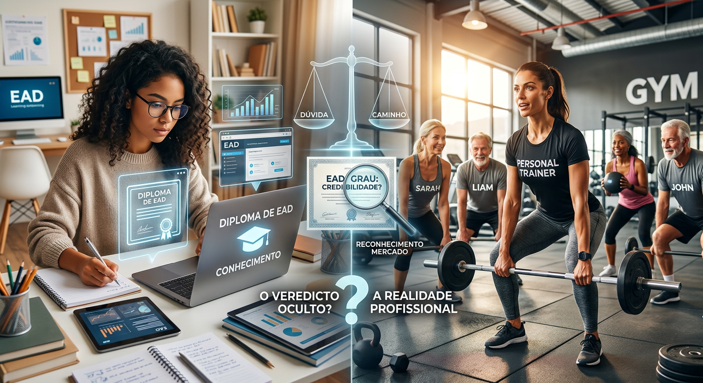 Contraste entre estudante de Educação Física EAD e profissional atuando em academia, representando a busca por credibilidade e reconhecimento no bacharelado online.