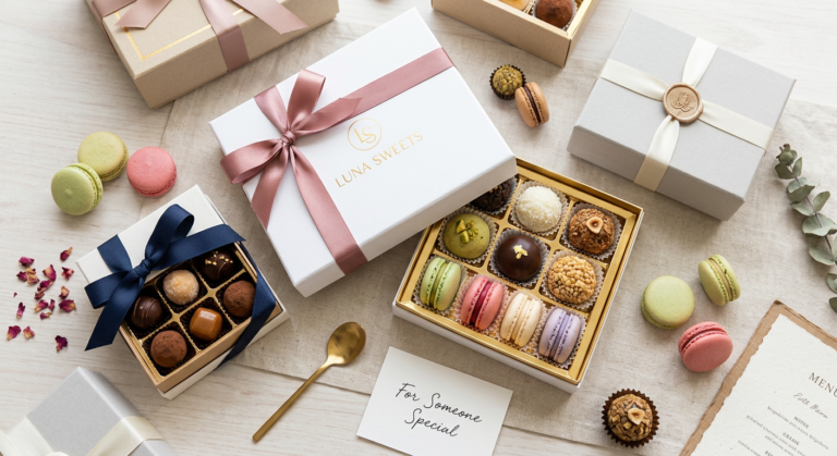 Variedade de doces gourmet sofisticados e artisticamente embalados em caixas de presente elegantes, representando o potencial de vendas ensinado no curso 'Doces para Presentear' de Ísis Alvarez.