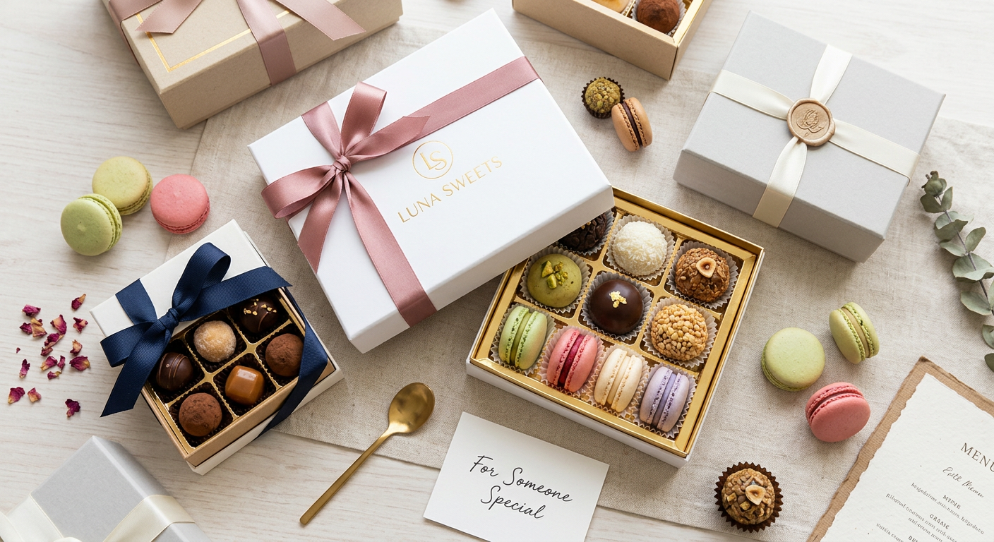 Variedade de doces gourmet sofisticados e artisticamente embalados em caixas de presente elegantes, representando o potencial de vendas ensinado no curso 'Doces para Presentear' de Ísis Alvarez.