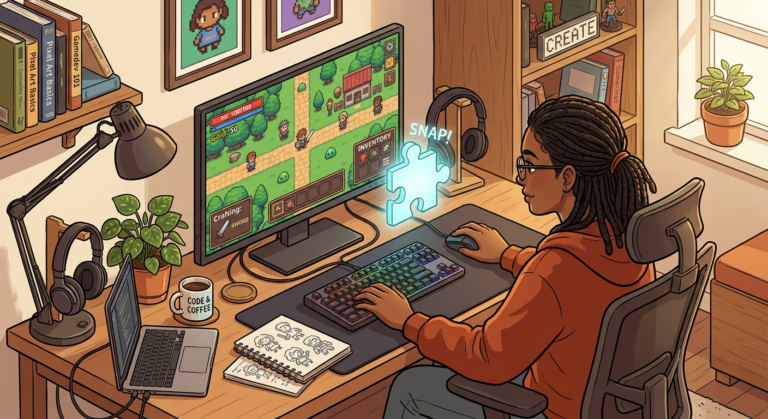 Jovem desenvolvedor focado criando um jogo RPG 2D pixel-art em seu computador, com um quebra-cabeça brilhante sobre a tela, representando a solução para iniciantes em gamedev.