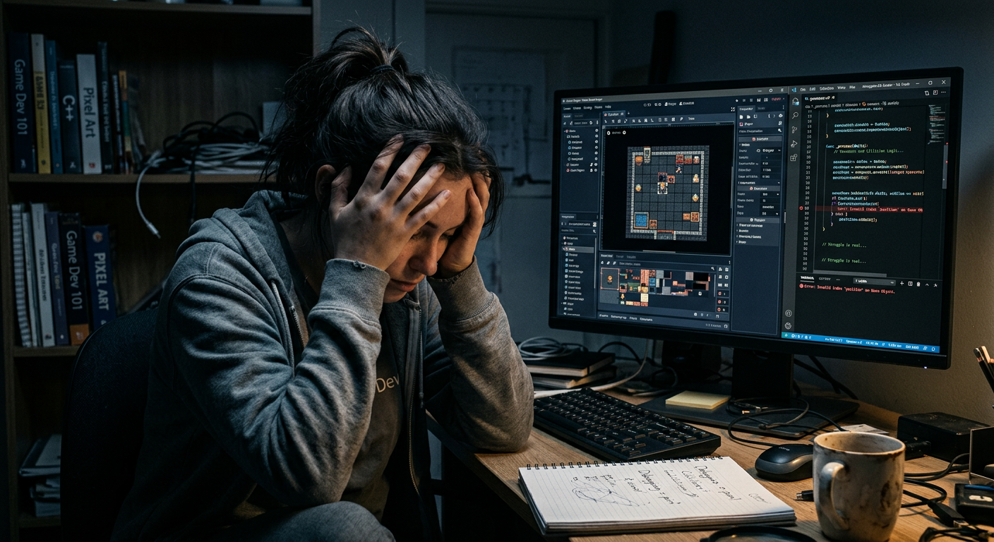Estudante frustrado com o desenvolvimento de jogo 2D na tela, simbolizando as dificuldades de iniciantes no Start Gamedev.