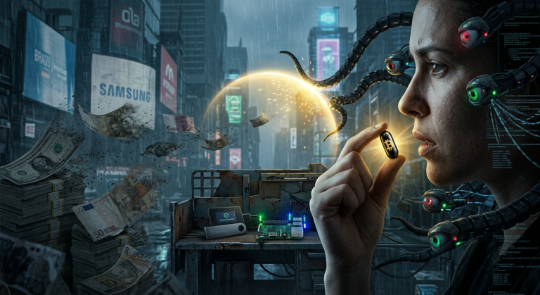 Pessoa engolindo uma pílula preta com símbolo do Bitcoin, enquanto notas de dinheiro fiat se desintegram e sistemas de vigilância digital com olhos e cadeias se quebram ao fundo, simbolizando liberdade financeira e resistência.