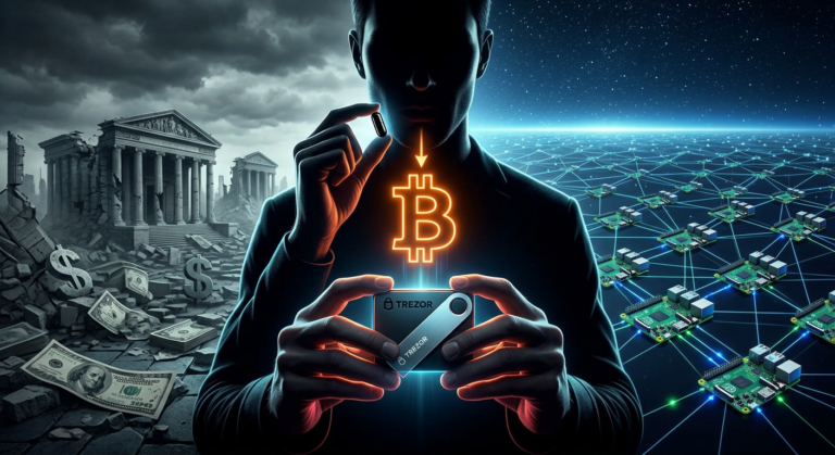 Imagem conceitual da 'Bitcoin Black Pill', mostrando uma pessoa segurando uma hardware wallet e o logo do Bitcoin, com um fundo dividido entre o colapso do sistema financeiro tradicional e a rede de nodes descentralizados do Bitcoin.
