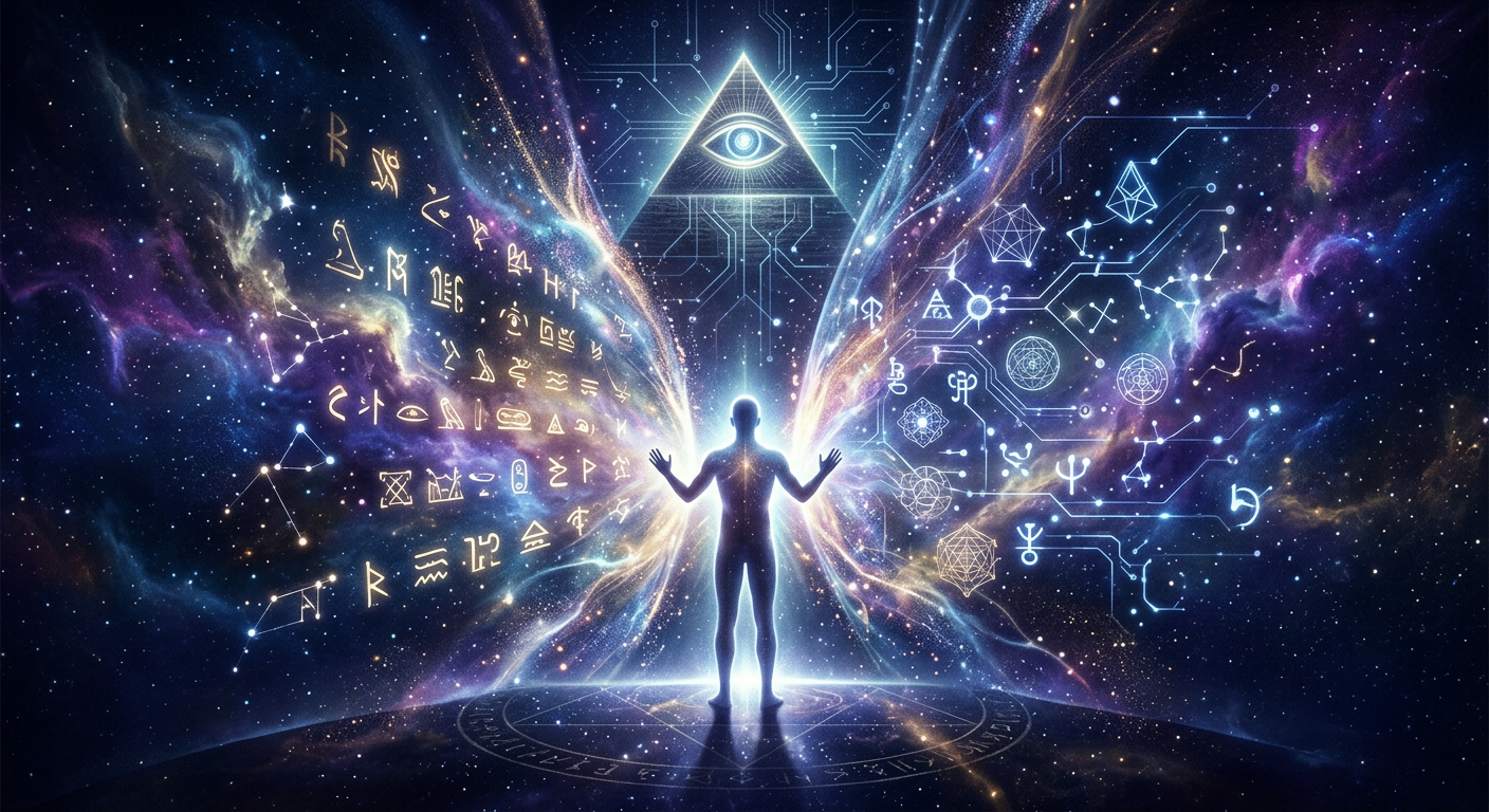 Imagem conceitual de um véu se desfazendo para revelar símbolos cósmicos e tecnológicos, representando a 'Única Verdade' e o despertar da consciência sobre teorias de conspiração e alienígenas.