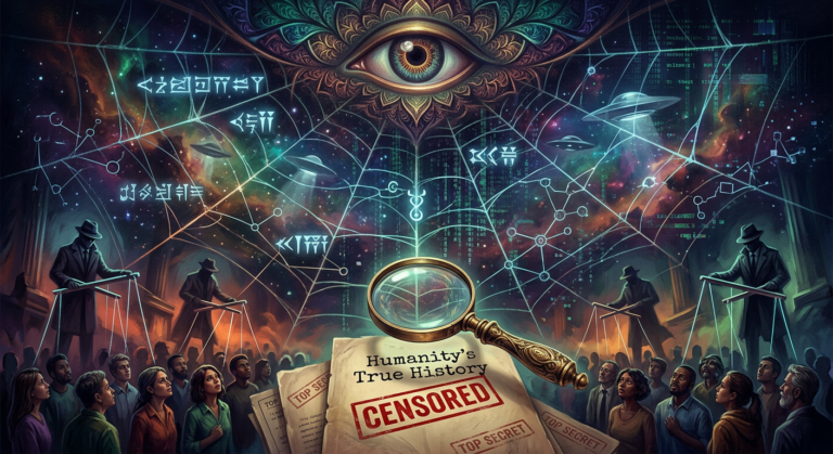 Mão segurando lupa sobre documento censurado com símbolos de alienígenas, controle da elite e realidade simulada, em fundo misterioso e conspiratório.