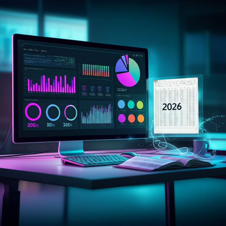 Tela de computador com dashboard Power BI colorido ao lado de planilha Excel avançada, ambientados em um escritório futurista de 2026.
