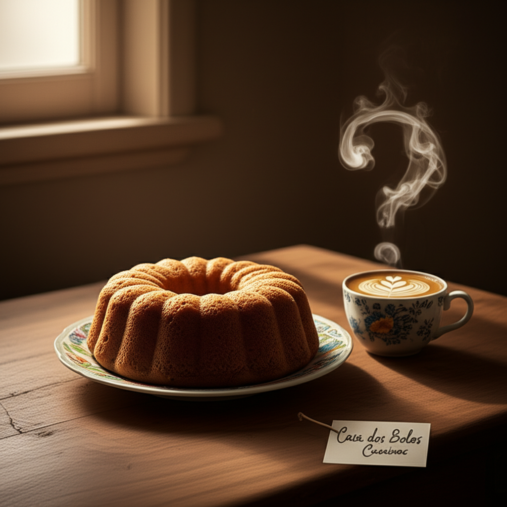 Cenário acolhedor de cozinha com bolo caseiro, xícara de café e placa "Casa dos Bolos Caseiros" sugerindo análise de investimento.
