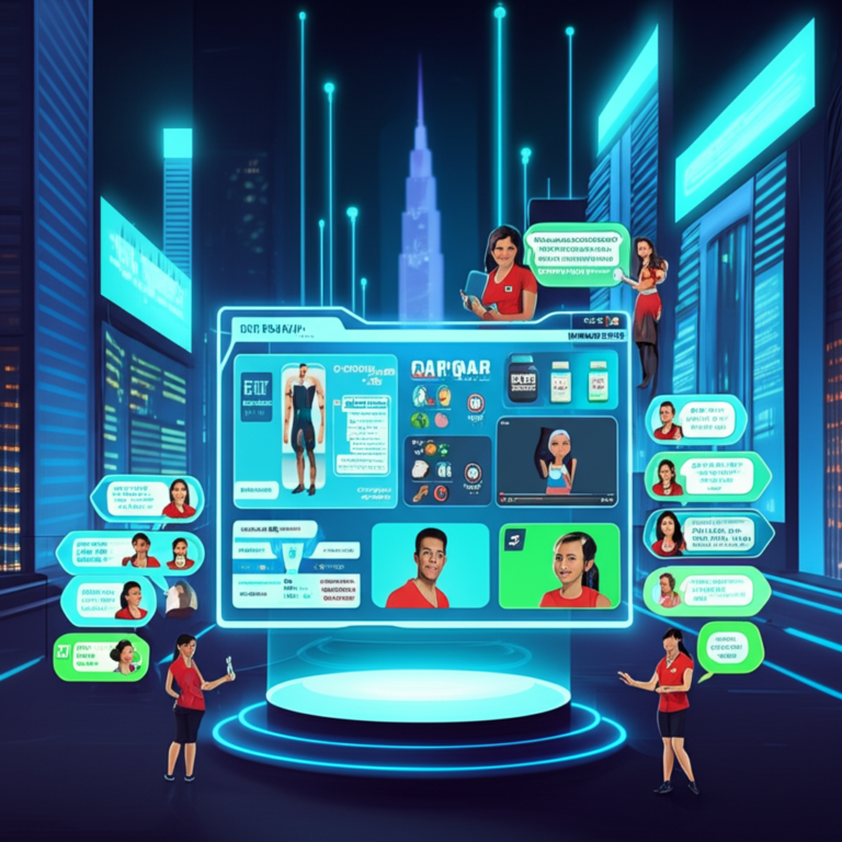 Ilustração futurista do programa STC Transformação Corporal em 2026 com dashboard holográfico, comunidade digital e ícones de dieta e suplementação.