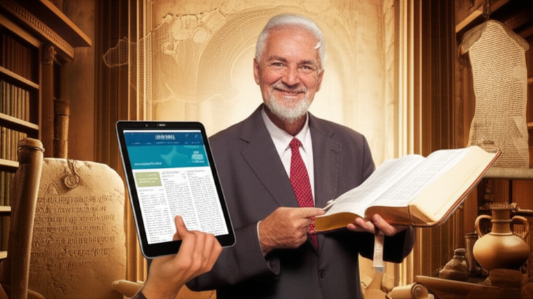 🏛️ Bíblia Comentada Rodrigo Silva vale a pena? É fiel ao original? 📜 1 Professor Rodrigo Silva estudando a Bíblia em uma biblioteca clássica, com manuscritos antigos, artefatos arqueológicos e tablet digital.