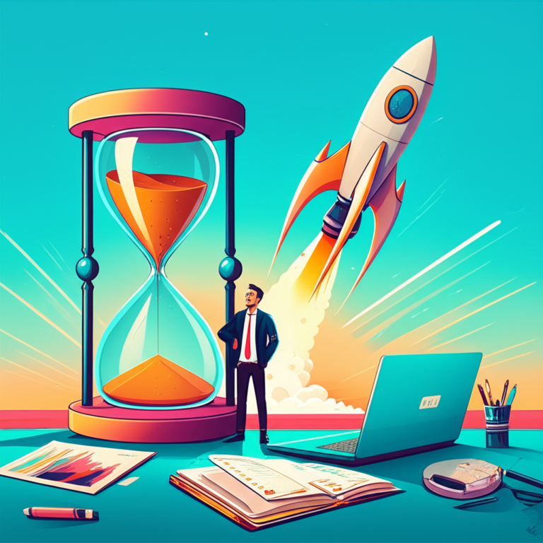 Illustration of Renan Diego beside an hourglass and a launching rocket, symbolizing productivity and gaining free time.