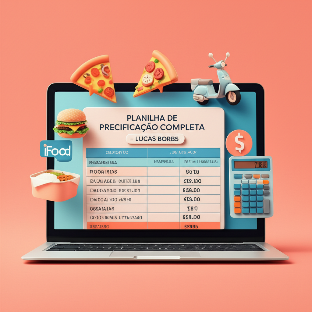 Ilustração de planilha de precificação Lucas Borbs com ícones de alimentos e aplicativos de delivery.