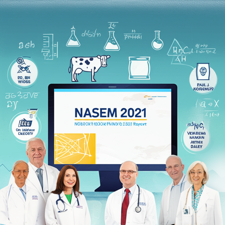 Banner do Curso Online NASEM 2021 com autores e revisores, mostrando especialistas em nutrição de bovinos leiteiros ao lado de um relatório NASEM e ícones de vacas leiteiras, alimentos e fórmulas nutricionais.