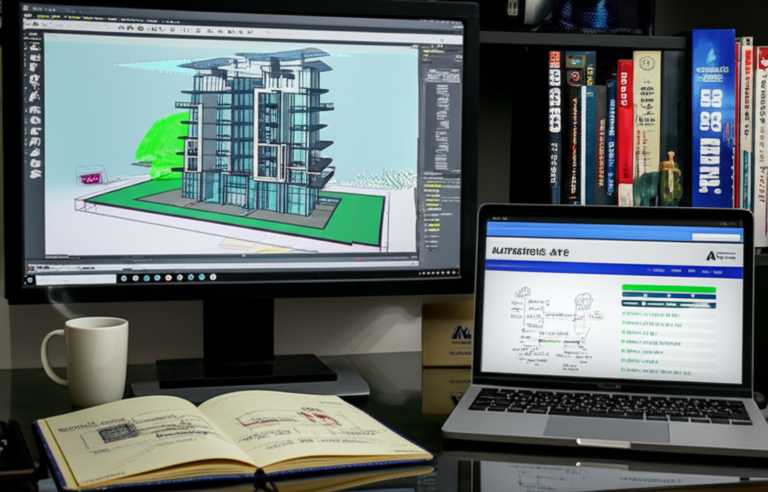 Estação de trabalho profissional exibindo Revit 2025 com modelo arquitetônico complexo e overlay de detecção de interferências Navisworks, ao lado de dashboard de curso streaming da Axiom Treinamentos.