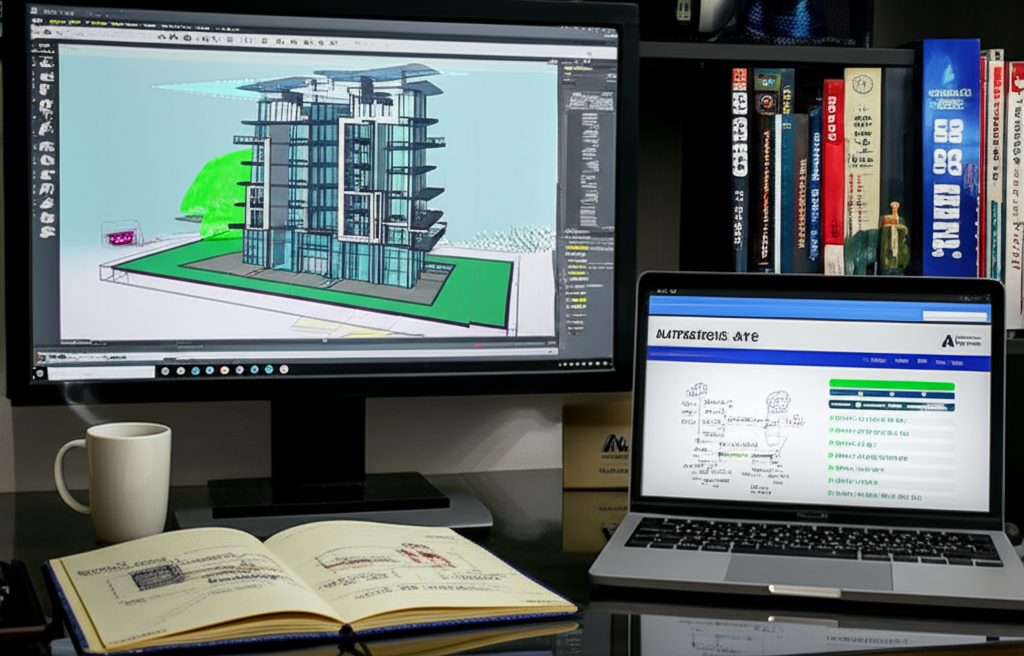 Estação de trabalho profissional exibindo Revit 2025 com modelo arquitetônico complexo e overlay de detecção de interferências Navisworks, ao lado de dashboard de curso streaming da Axiom Treinamentos.