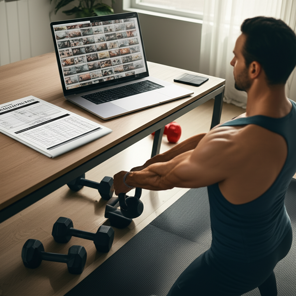 Home‑gym with laptop showing 500 functional‑training video thumbnails, spreadsheet of weekly plans, and a person doing a kettlebell swing.