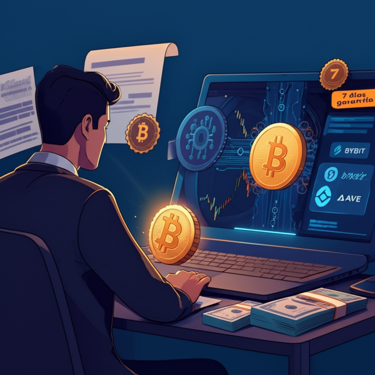 🏦 Empréstimo com Bitcoin vale a pena? Como funciona na prática? 💸 1 Ilustração de um investidor usando Bitcoin como garantia para obter empréstimo em dólares, com moedas fiduciárias, cadeado de blockchain e logos de exchanges e DeFi.