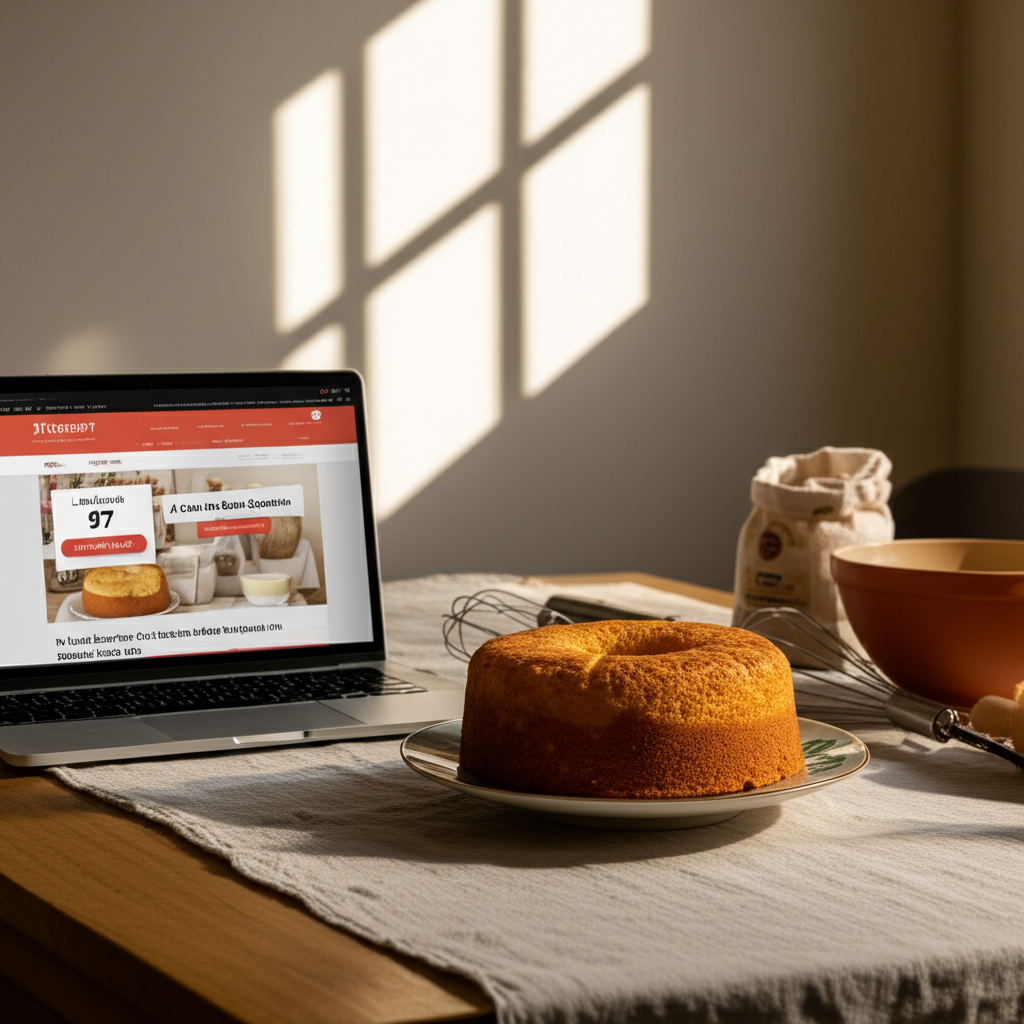 Bolo caseiro recém-assado em cozinha doméstica, com utensílios de confeitaria e tela de curso Hotmart ao fundo