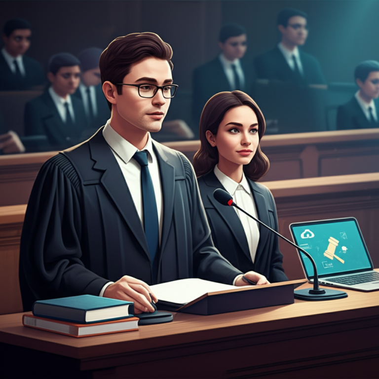 Advogado confiante apresentando sustentação oral em um tribunal, representando o curso de Oratória Jurídica Orátole.